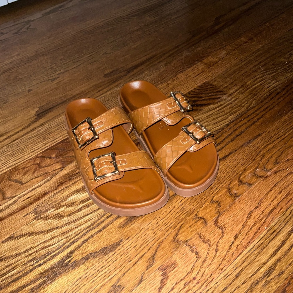 Joie Brown Double Bamboo design Buckle Slide Sandals